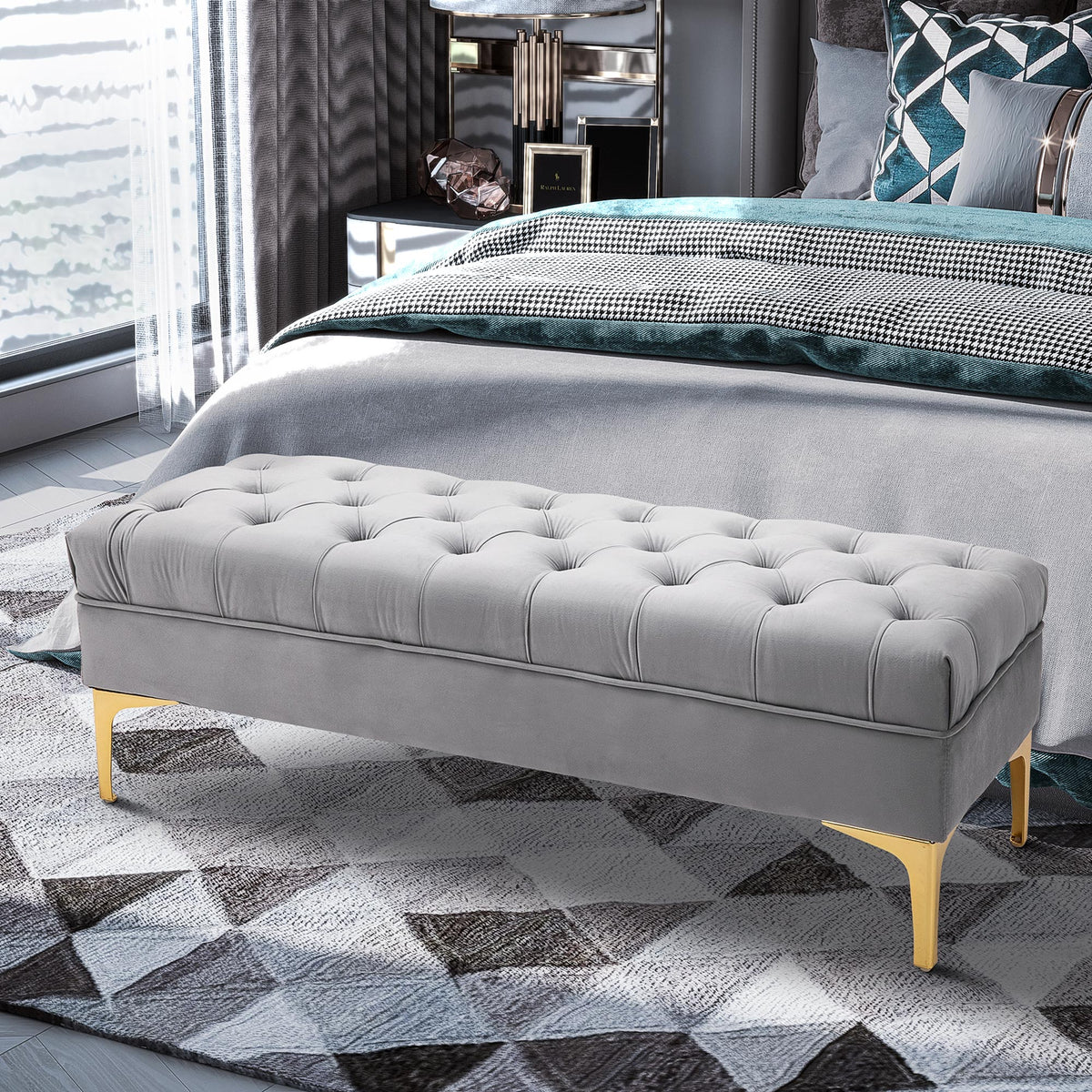 Banc banquette capitonnée bout de lit style classique chic dim. 118L x 45l x 42H cm piètement métal doré velours gris clair-1
