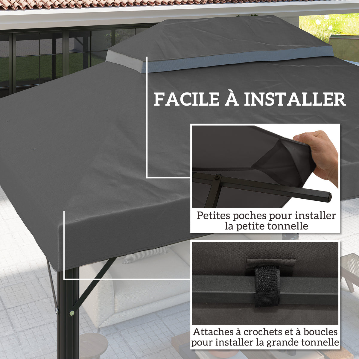 Toile de rechange pour pavillon toile de tonnelle 4 x 3 m, double toit avec trous de drainage, polyester 370 g/m², gris-4