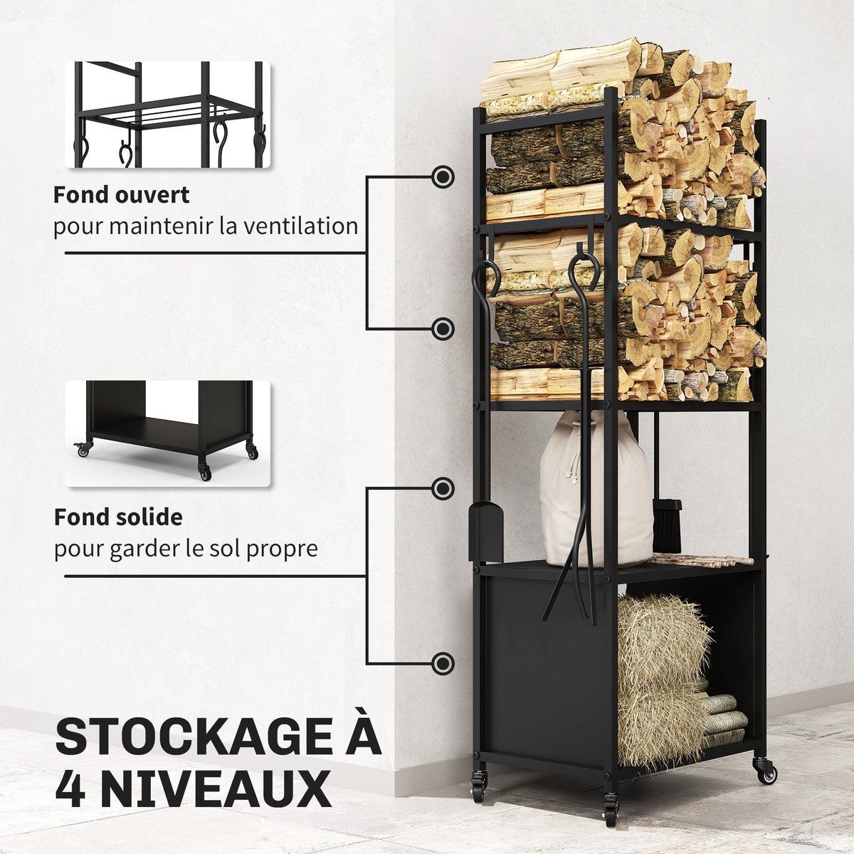 Chariot range bûches intérieur, porte-bûches roulettes, 4 outils de cheminée, 4 étagères, métal, 45 x 30 x 118 cm, noir-3