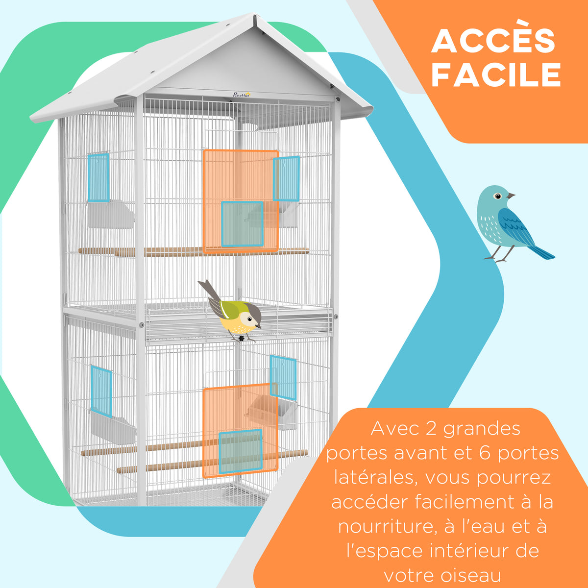 Volière intérieure cage à oiseaux sur roulettes design maison mangeoires perchoirs portes plateaux excréments amovibles-4