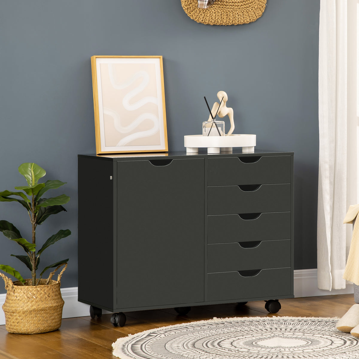 Caisson de bureau avec 5 tiroirs 1 porte étagère réglable, support imprimante sur roulettes, 78x40x66,5 cm, noir-1