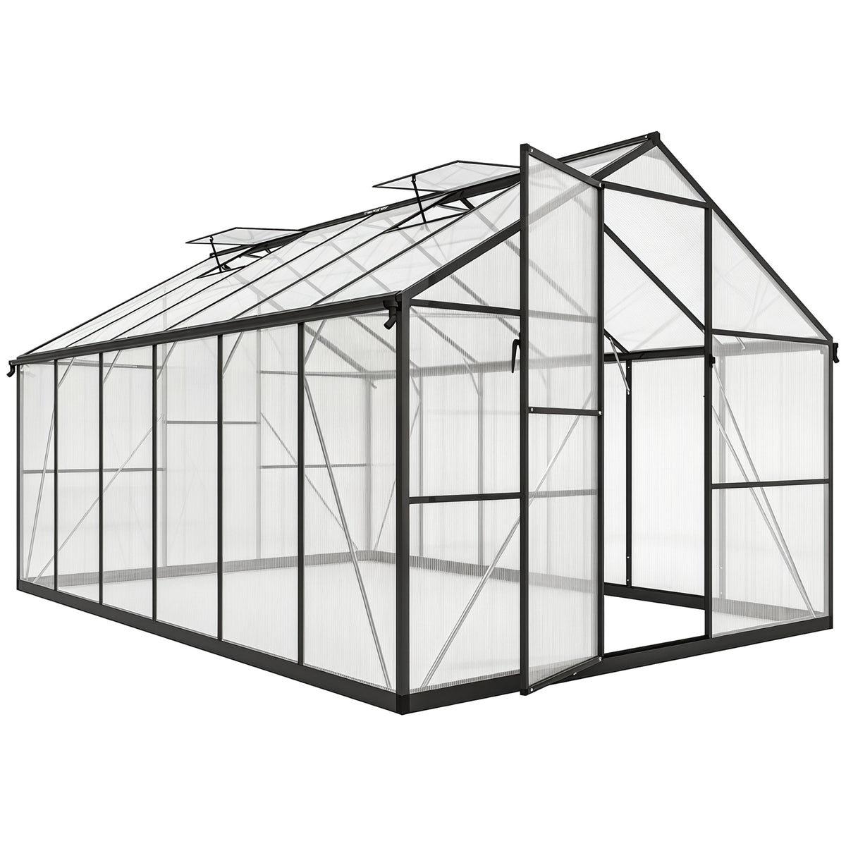 Serre de jardin en aluminium polycarbonate, serre avec fenêtres supérieures réglables 363x247x205cm noir-0