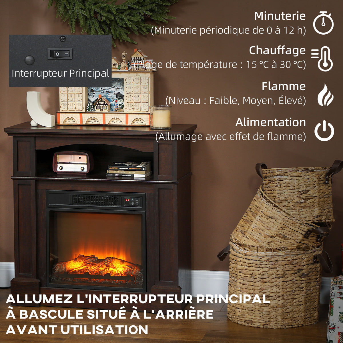 Cheminée électrique effet flammes LED luminosité réglable avec télécommande - 1800 W - 80,5 x 32,3 x 80,5 cm-4