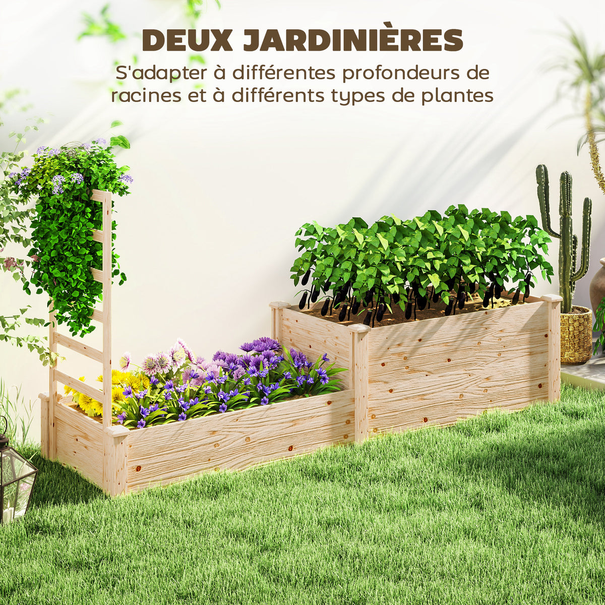 Jardinière avec treillis à 2 bacs avec fond ouvert, pour balcon terrasse patio, 222 x 63 x 132 cm, effet bois naturel-3