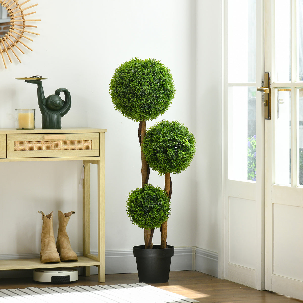 Arbre artificiel buis avec 3 boules feuilles de bambou pot inclus intérieur et extérieur hauteur 110 cm vert-1