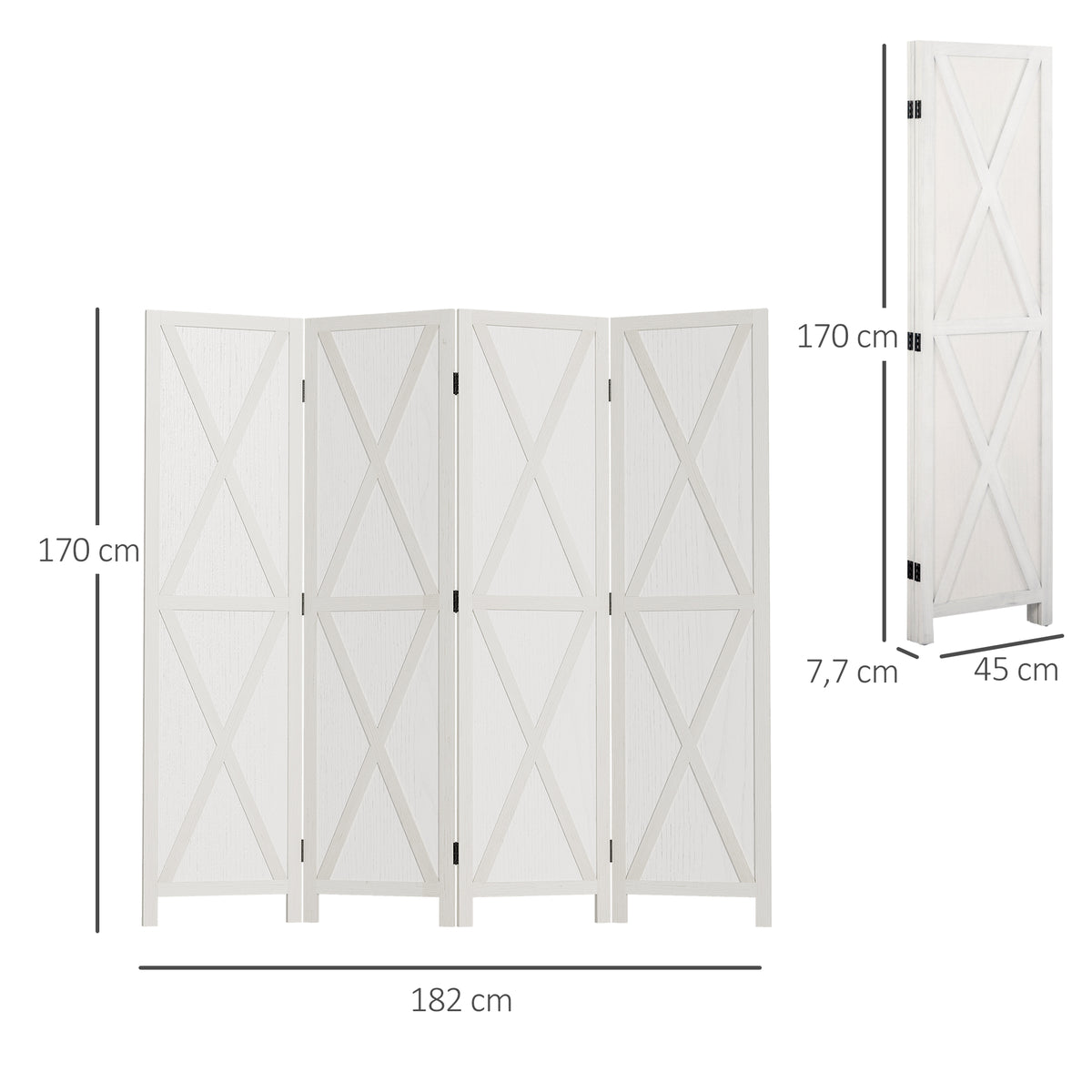 Paravent intérieur 4 Panneaux Style campagnard Chic - séparateur de pièce avec croisillons - Bois de Paulownia Blanc-2