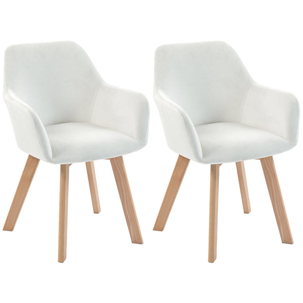 Lot de 2 chaises de salle à manger Fauteuil Assise rembourrée en tissu effet velours Pieds en bois, crème-0