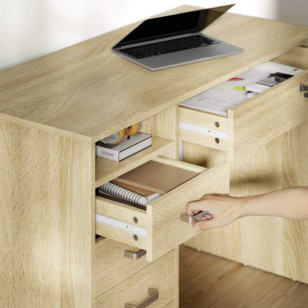 Bureau moderne avec 5 tiroirs, grand plateau, 1 compartiment ouvert, tiroir verrouillable, 110 x 50 x 76cm, chêne-8
