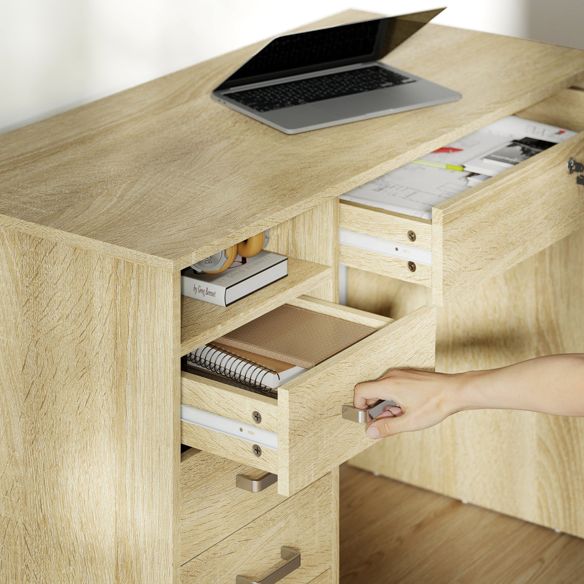 Bureau moderne avec 5 tiroirs, grand plateau, 1 compartiment ouvert, tiroir verrouillable, 110 x 50 x 76cm, chêne-8