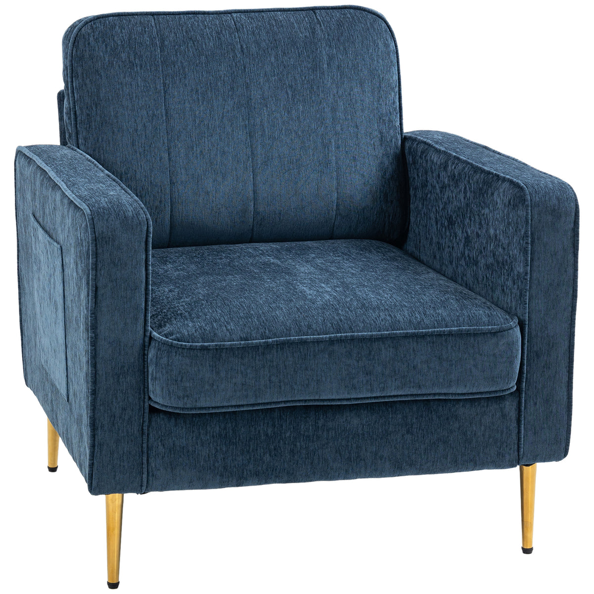 Fauteuil en tissu avec pieds en acier doré, grand confort, pochettes latérales, pour salon, bureau, chambre, bleu-0
