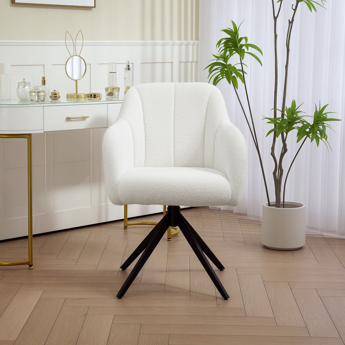 Fauteuil de salon pivotant capitonné grand confort piètement en acier et tissu effet polaire teddy blanc-8
