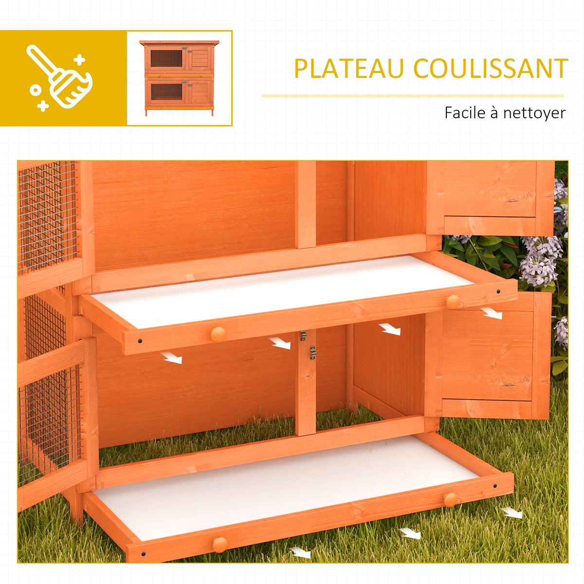 Clapier à lapin cage à lapin double niveau plateaux coulissants 4 portes verrouillables toit ouvrant 90L x 45l x 90H cm-3