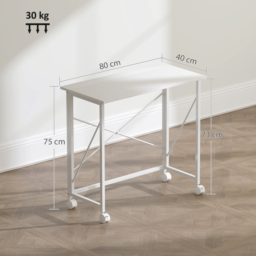 Bureau pliant table d'ordinateur 80 x 40 cm sur roulettes pour bureau à domicile, chambre, petits espaces, blanc-2