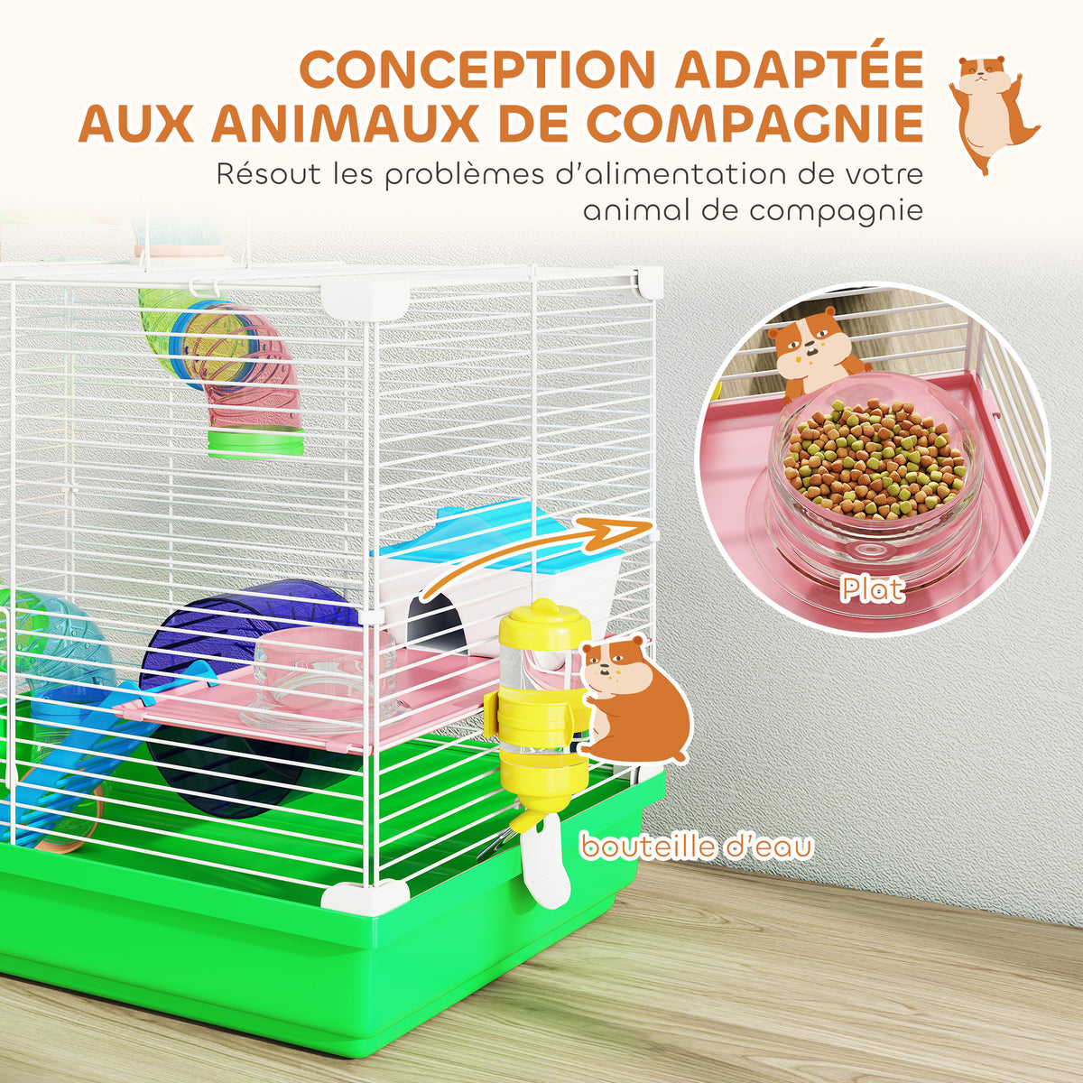 Cage à hamster rongeur 2 niveaux avec tunnel, biberon eau, roue, maisonnette, échelles 46 x 30 x 37 cm vert-4
