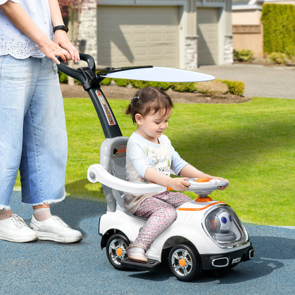 Porteur enfants, porteur bébé voiture à pousser 3 en 1 avec robot thème, pédales, poignée parentale, blanc-1