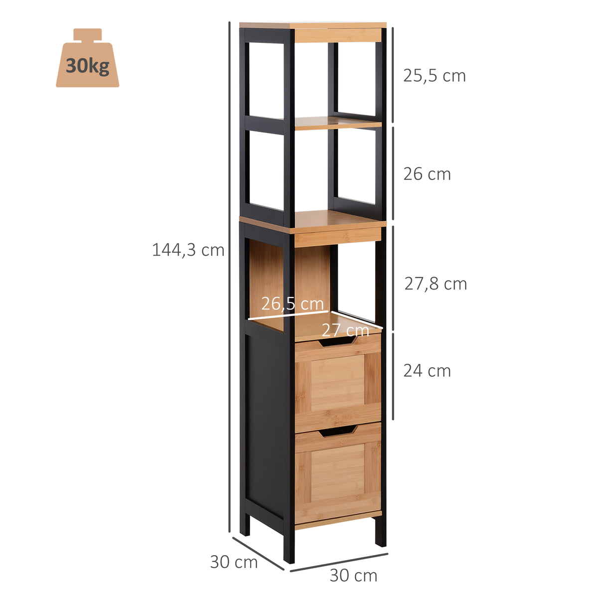 Meuble Colonne Rangement Salle de Bain Style Cosy dim. 30L x 30l x 144H cm 3 étagères 2 tiroirs Bambou Noir-2
