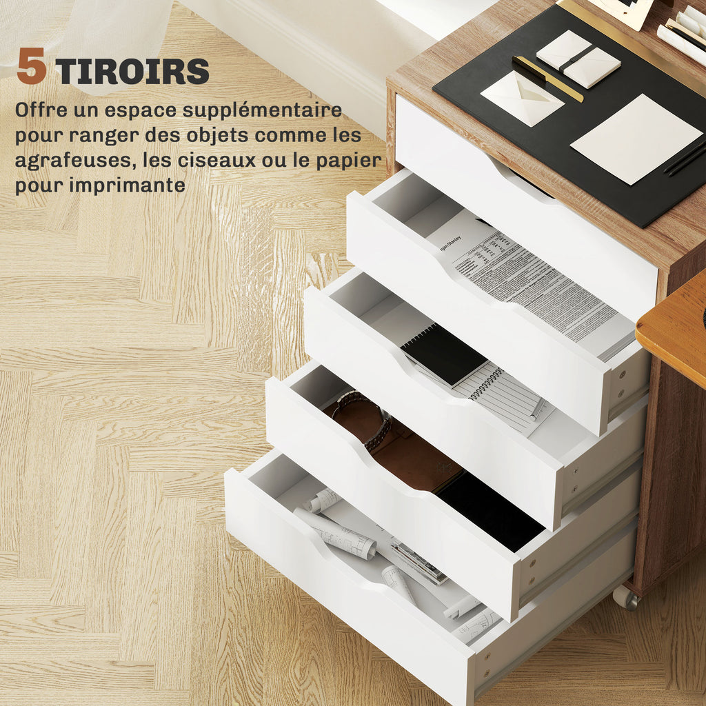 Caisson bureau mobile, meuble rangement bureau sur roulettes, 5 tiroirs, 47,5 x 39,5 x 67,5 cm, blanc et chêne-4
