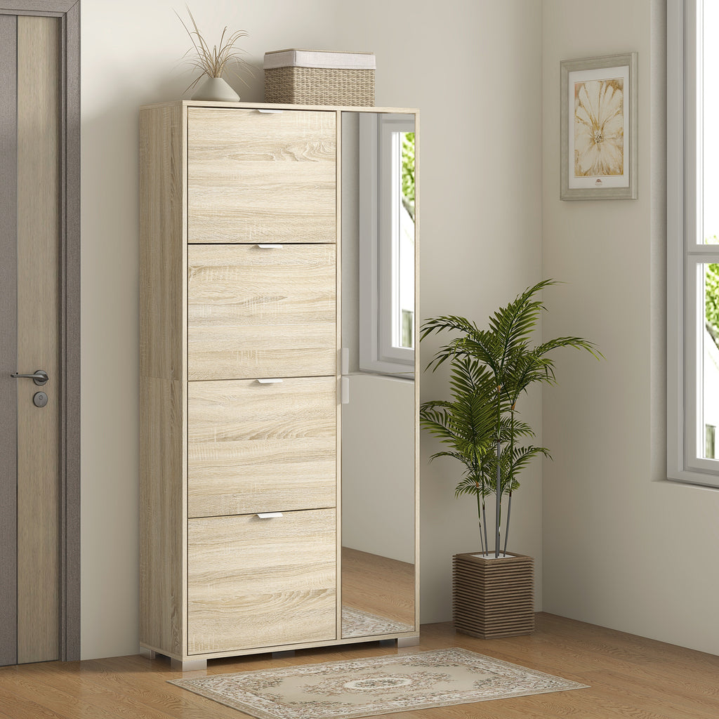 Meuble à chaussures avec 4 abattants, 2 placards et façades miroir pour 16 paires de chaussures, meuble d'entrée-1