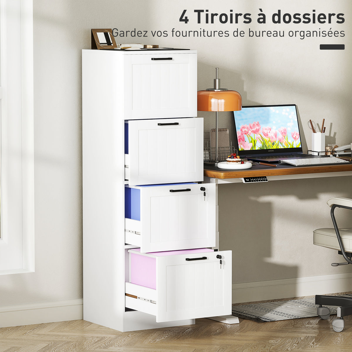 Caisson bureau, meuble rangement bois 4 tiroirs et serrure, barres de suspension réglables, 40 x 40 x 131 cm, blanc-3
