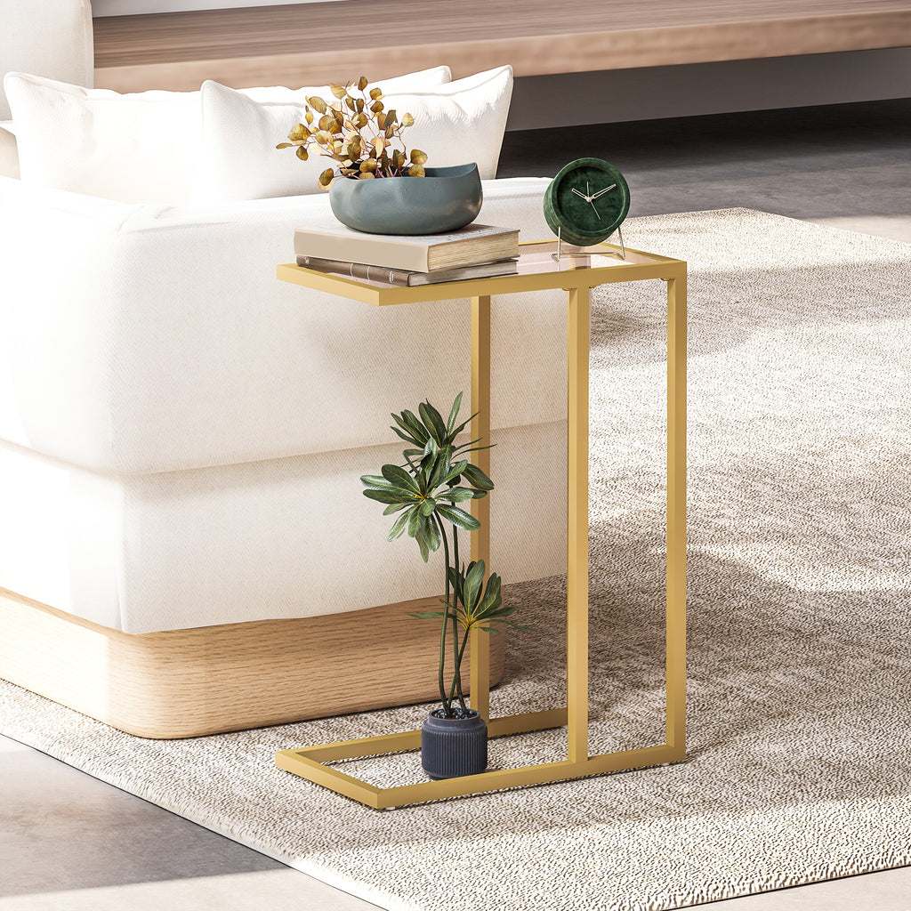 Table d'appoint en forme de C avec plateau en verre trempé, cadre en acier, doré-8