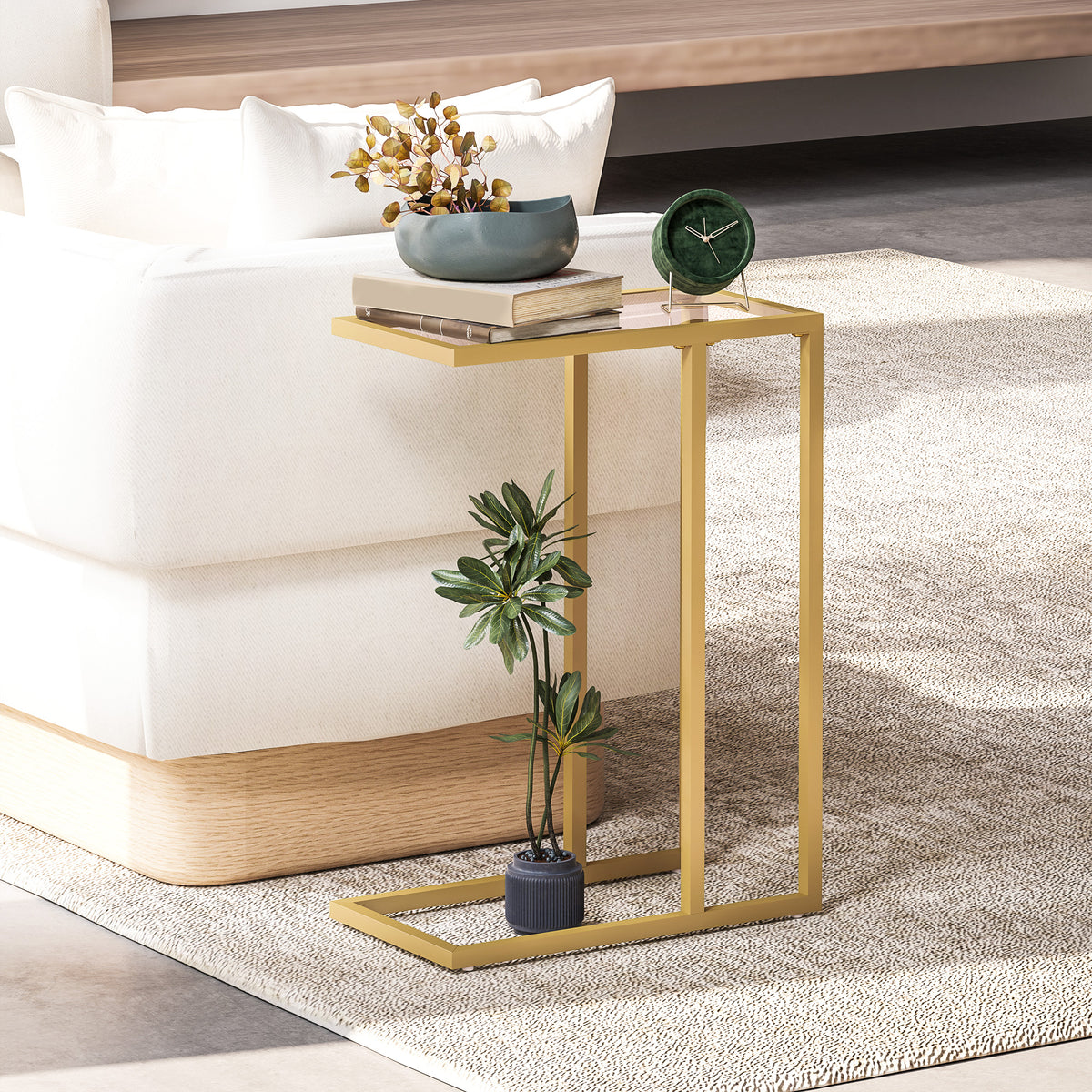 Table d'appoint en forme de C avec plateau en verre trempé, cadre en acier, doré-8