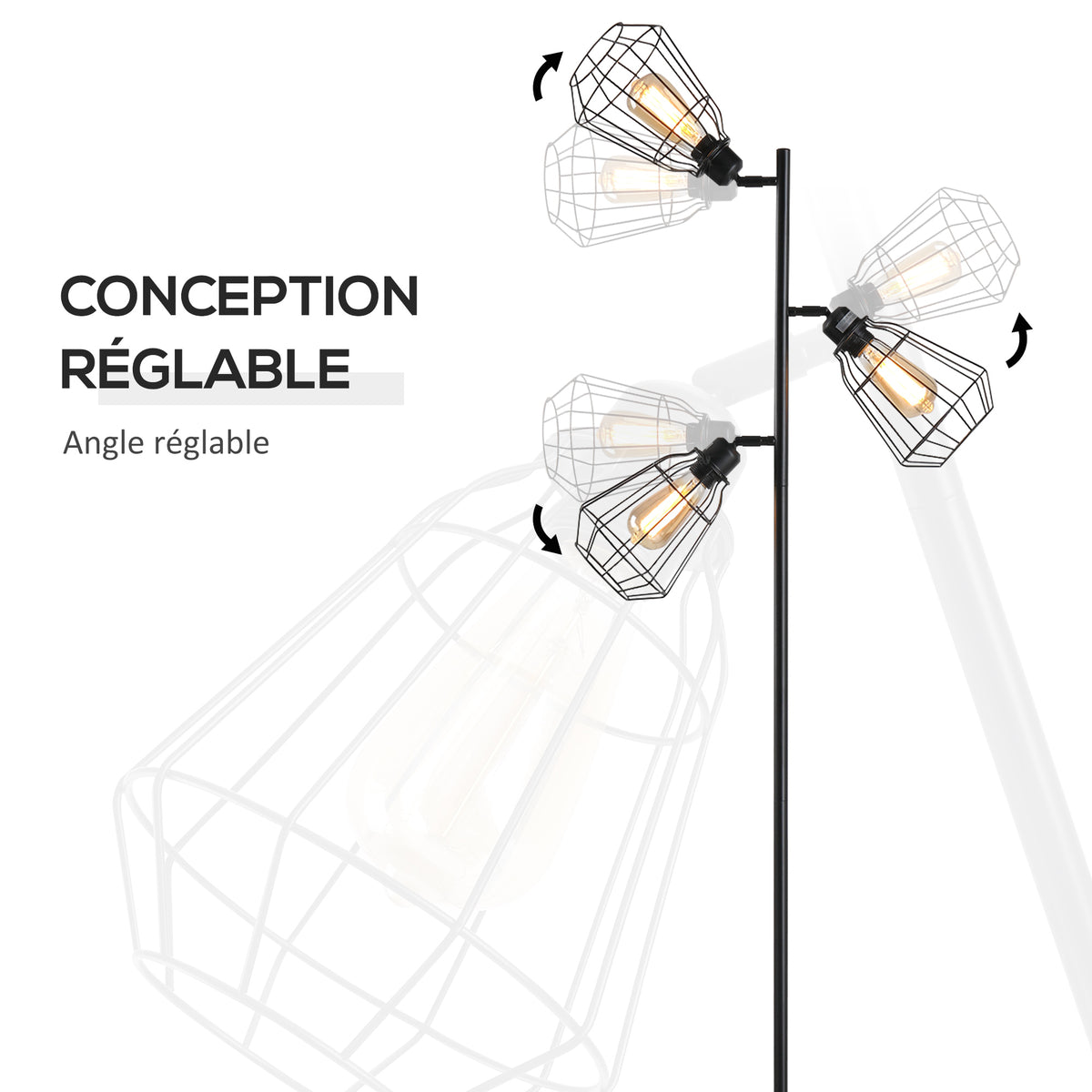 Lampadaire design industriel 3 ampoules max. 40 W abat-jour cage métal noir-4