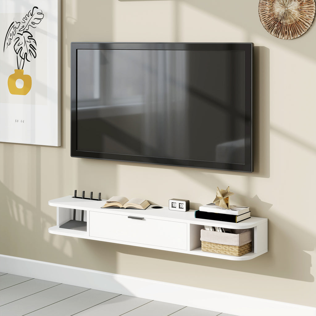 Meuble TV suspendu, meuble télé pour téléviseur jusqu'à 50 pouces, tiroir rabattable 2 étagères 120x24x16cm blanc-8