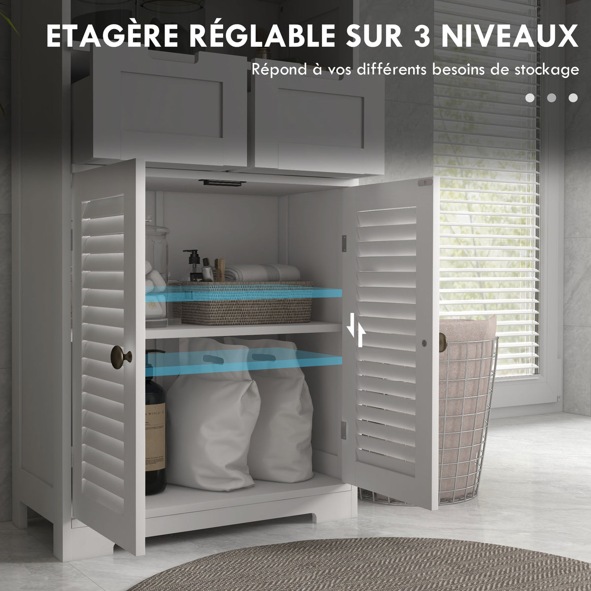 Meuble de salle de bain armoire 2 portes étagère réglable 2 tiroirs niche 61 x 30,5 x 109,5 cm blanc-4