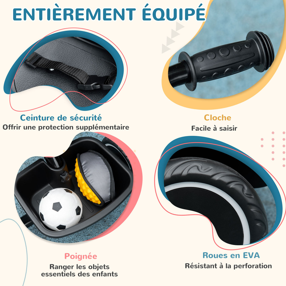 Tricycle pour enfant évolutif avec siège réglable pédales 2 paniers ceinture pour enfant de 2 à 5 ans noir-5