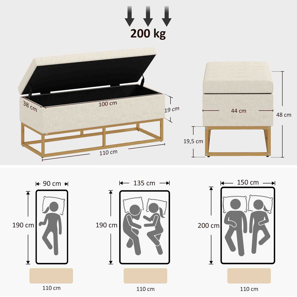 Banc banquette coffre de rangement 2 en 1 assise capitonnée et pieds acier 110 x 44 x 48 cm beige et doré-2