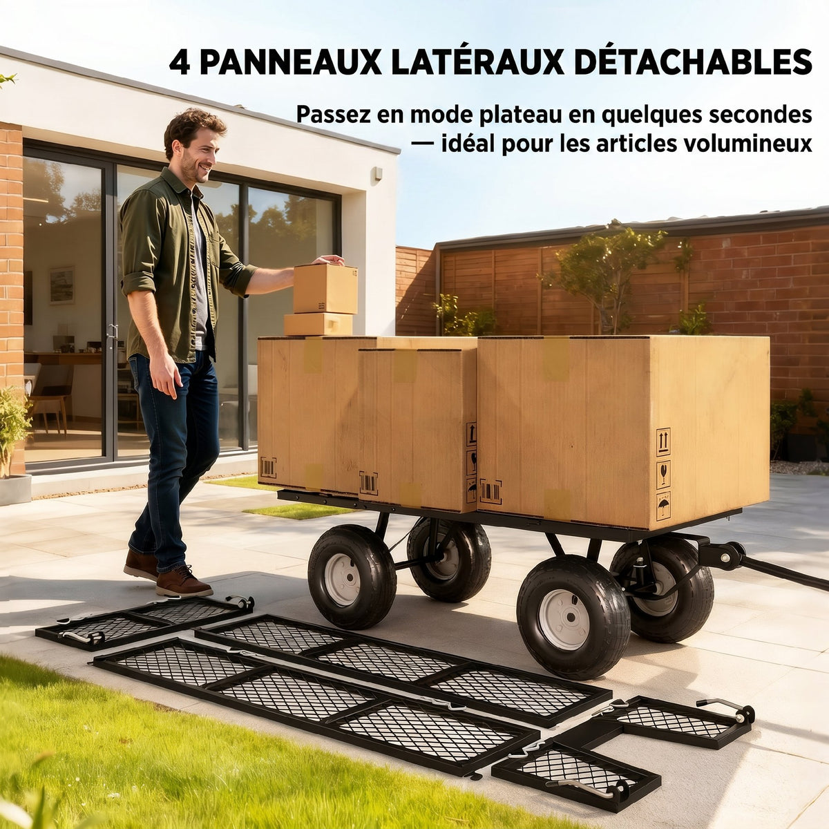 Chariot de Jardin 300 kg, Chariot Remorque avec Bâche Amovible et Poignée Rotative à 180°, Parois Rabattables, Vert-3