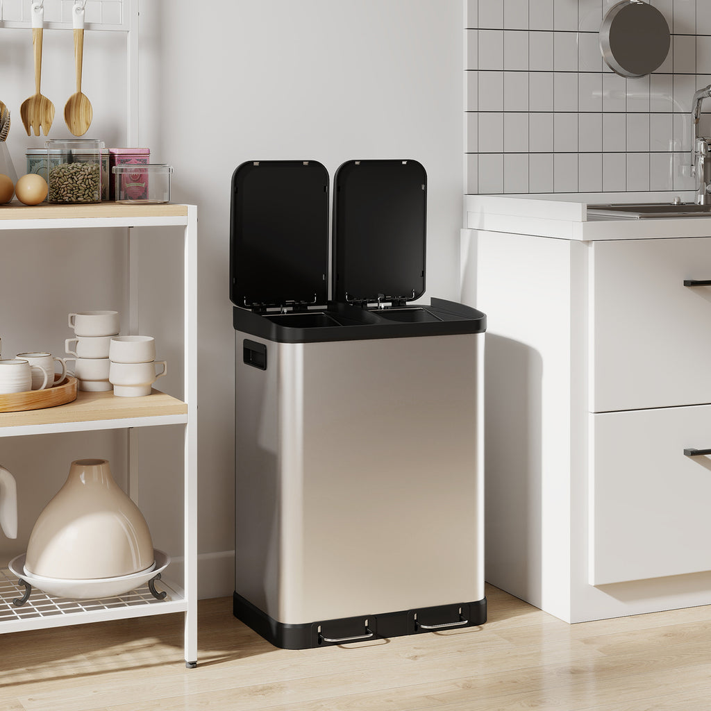 Poubelle de cuisine à double compartiment 2 x 30L avec pédale en acier inoxydable, couvercle à fermeture douce, argent-8