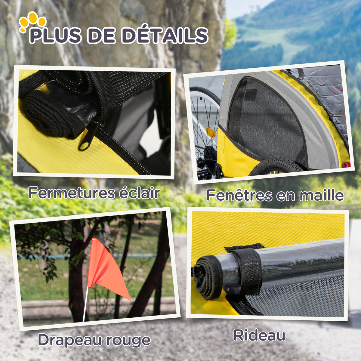 Remorque de vélo pour chien avec fenêtres en maille réflecteurs et drapeau de sécurité 140 x 71 x 83 cm jaune-7