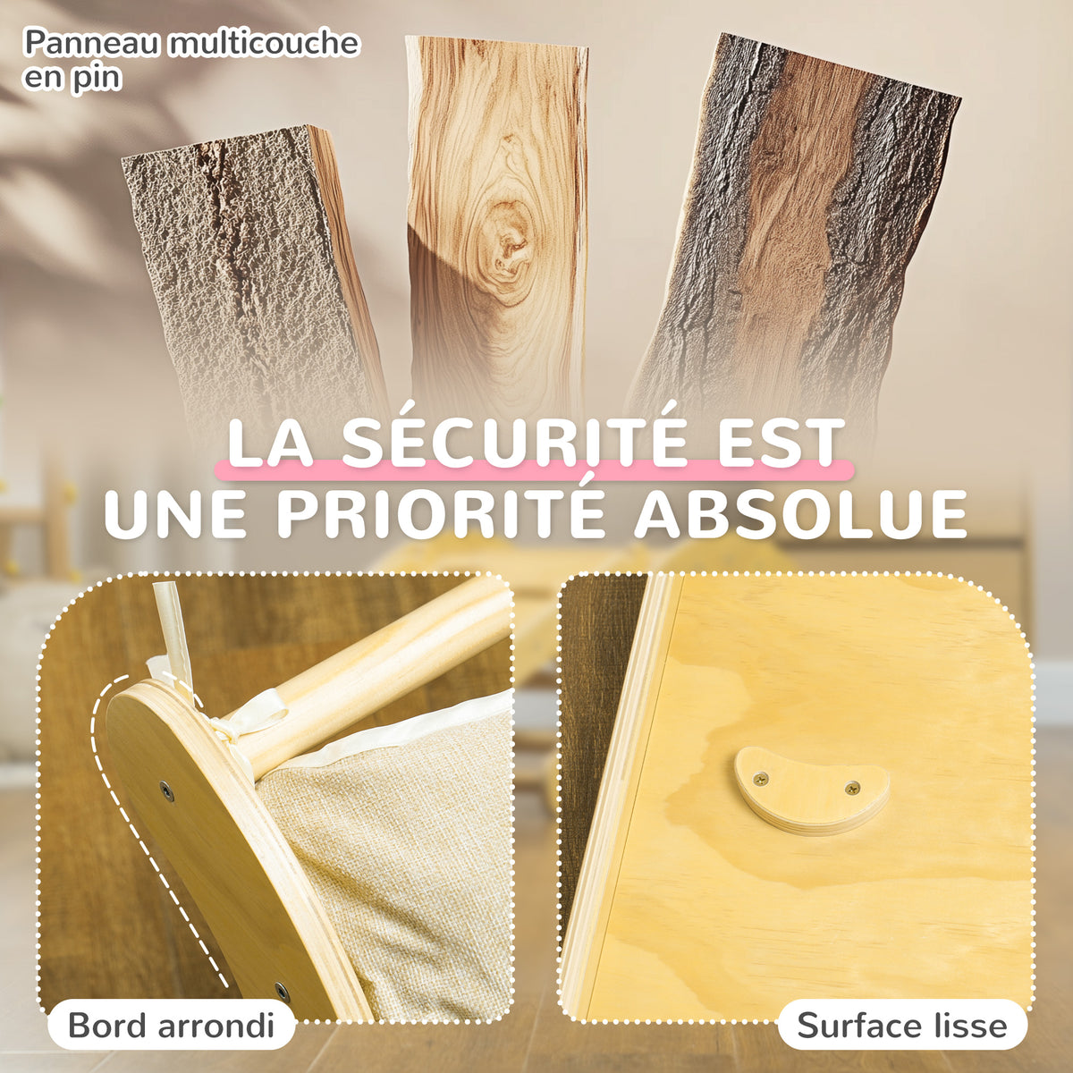 4 en 1 Arche escalade enfants, chaise à bascule, rampe d'escalade double face et coussin, 168x49,5x39,5cm, bois naturel-4