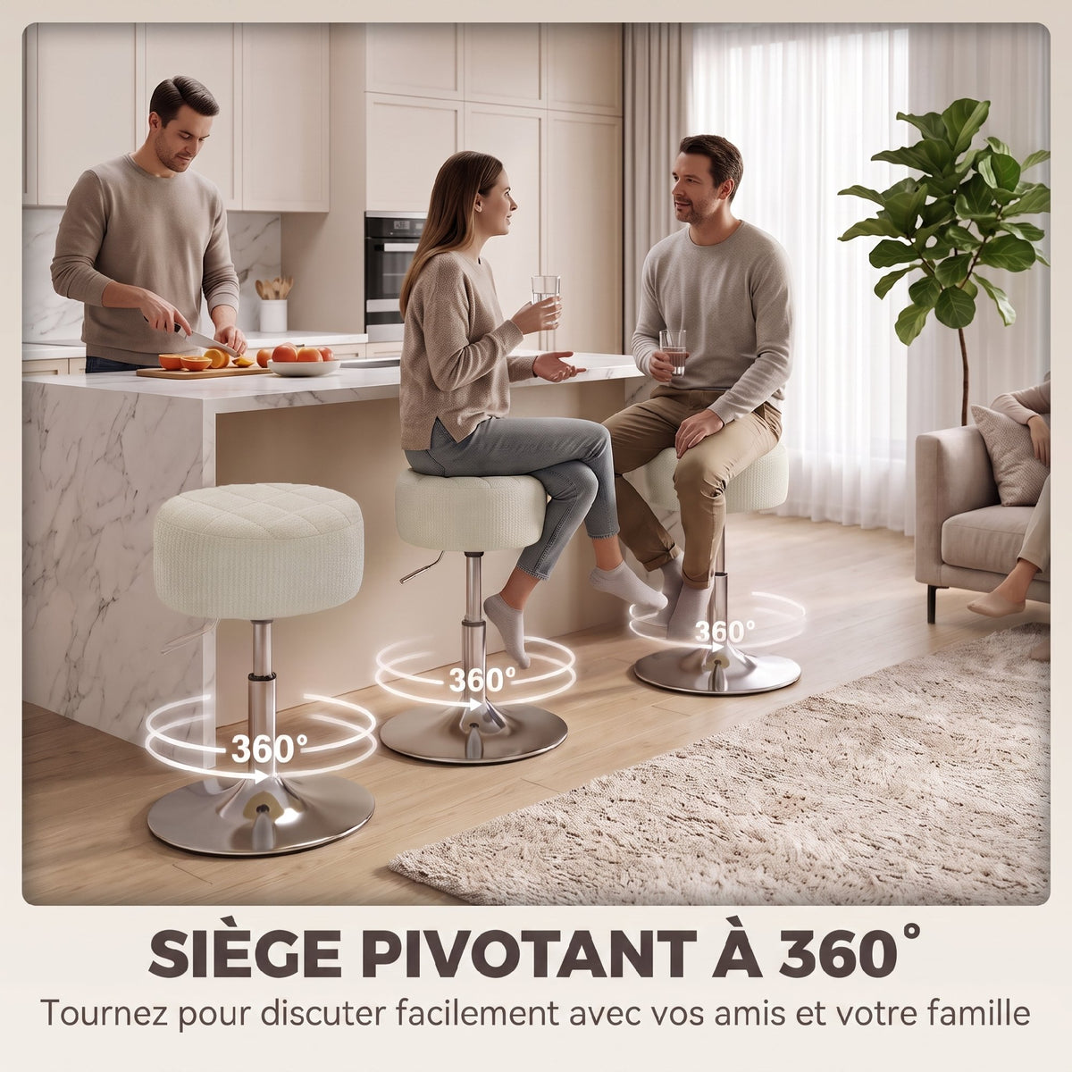Tabouret de coiffeuse en chenille, tabouret de maquillage pivotant, tabouret de bar réglable en hauteur 51-66 cm, crème-4