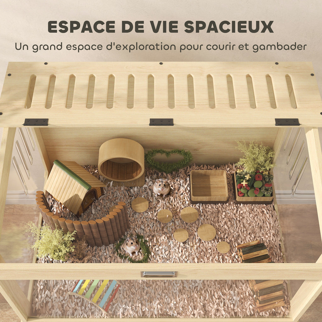 Cage à hamster en bois surélevée avec plateau de rangement couvercle ouvrable 83,2 x 50 x 103 cm effet bois naturel-3