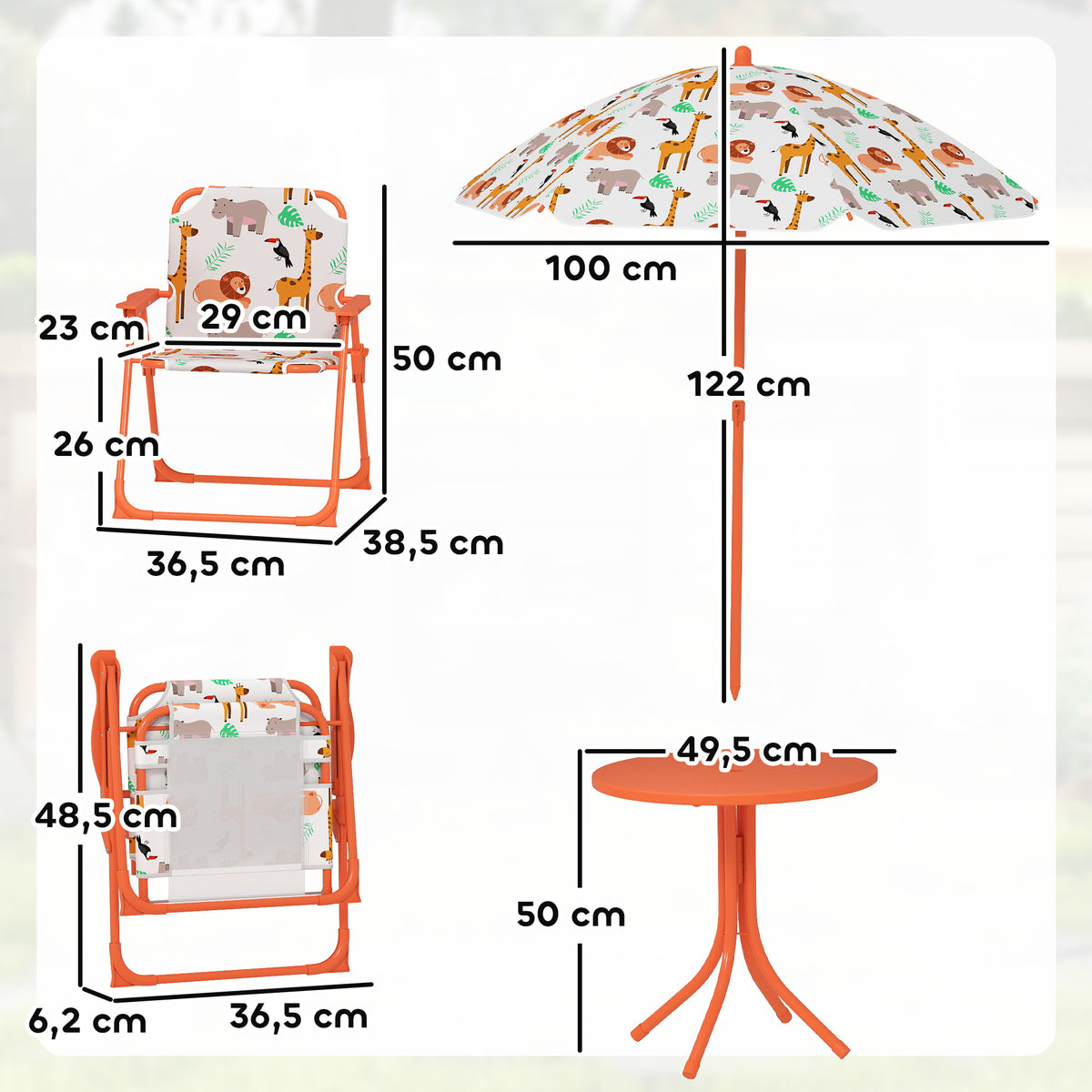 Salon de jardin enfant, table enfant avec 2 chaises pliantes et parasol Ø 100 cm, motif animal, orange-2