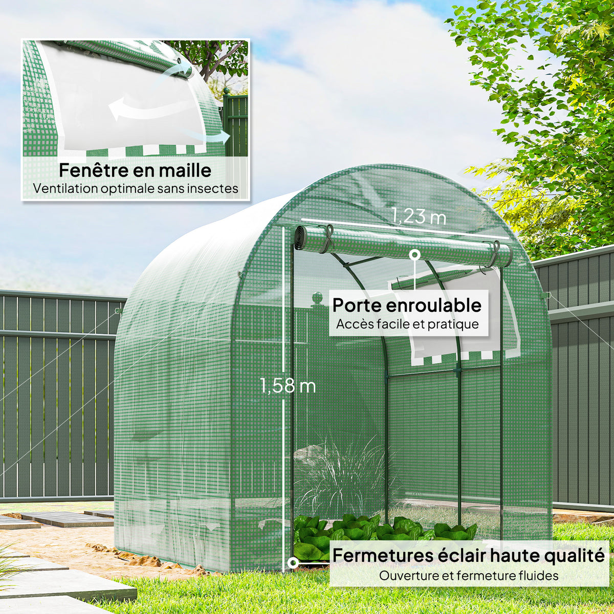 Serre tunnel de jardin 3,24m², serre de jardin tunnel porte et fenêtre enroulables, bâche PE, 180 x 180 x 200 cm, verte-5