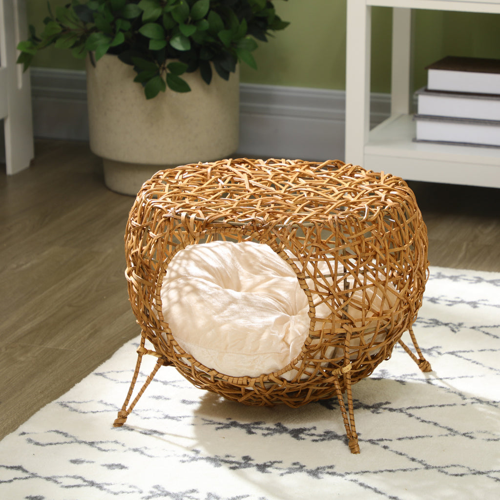 Niche pour chat lit pour chat panier chat maison de chat en rotin coussin épais Ø 40 x 32 cm marron clair-9