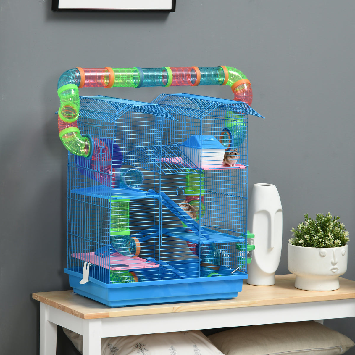 Cage pour Hamster Souris Petit Animaux Rongeur avec Tunnel Mangeoire Roue Jouet 47 x 30 x 59 cm Bleu-9