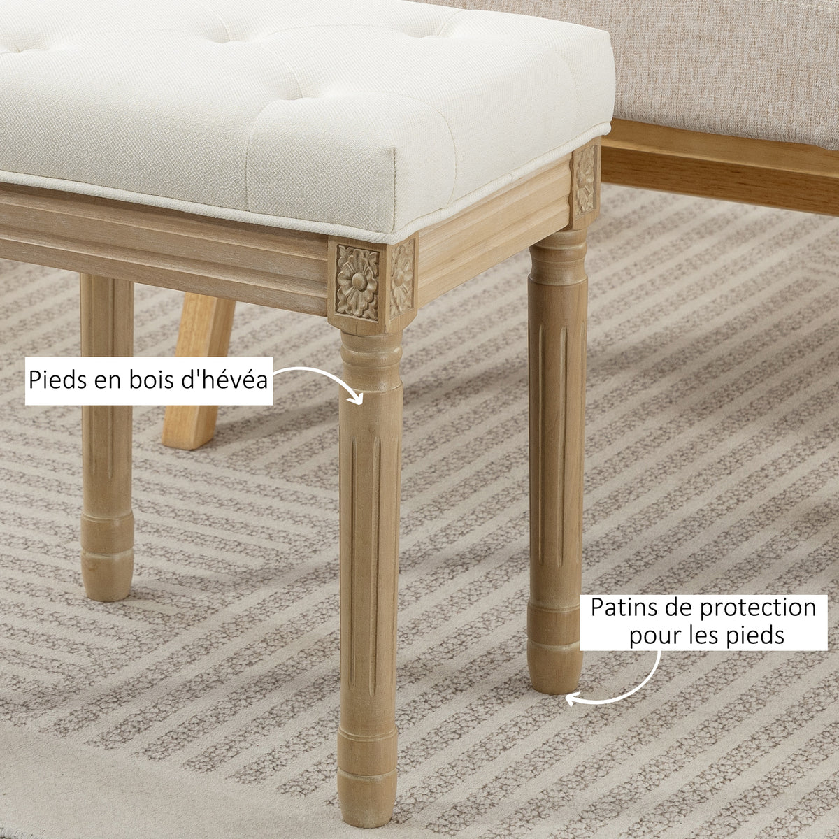 Repose pied salon, ottoman, siège rembourré en tissu aspect lin avec pieds en bois d'hévéa, 42 x 32 x 46,5 cm, beige-4