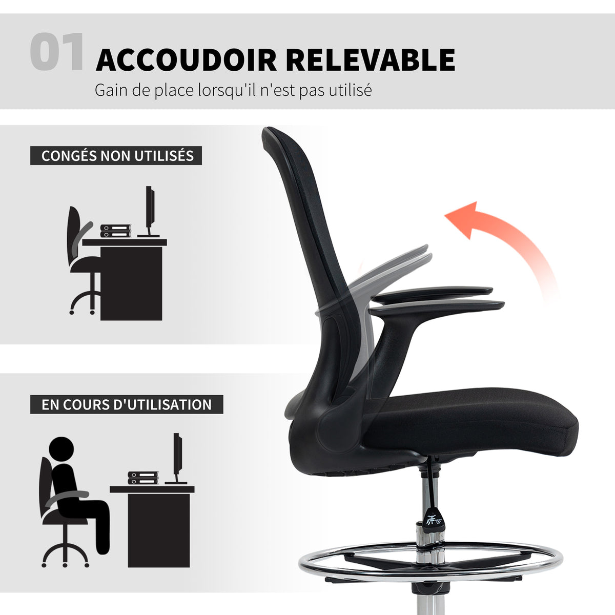 Chaise bureau ergonomique avec repose-pieds ajustable et accoudoirs relevables, hauteur réglable, 59x62x99-119cm, noir-3