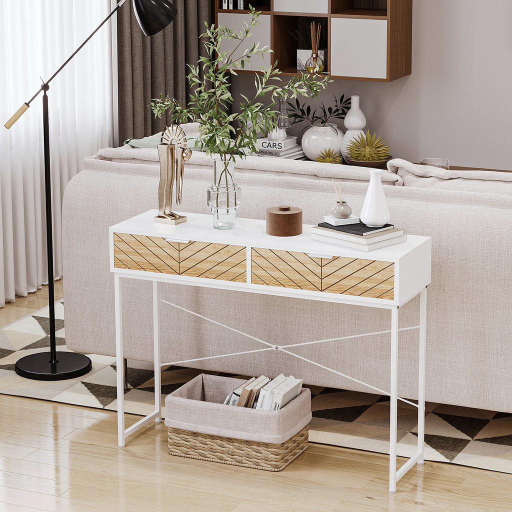Table Console Industriel 2 tiroirs Aspect Bois de chêne sculpté Motif à Chevrons piètement métal Blanc-7