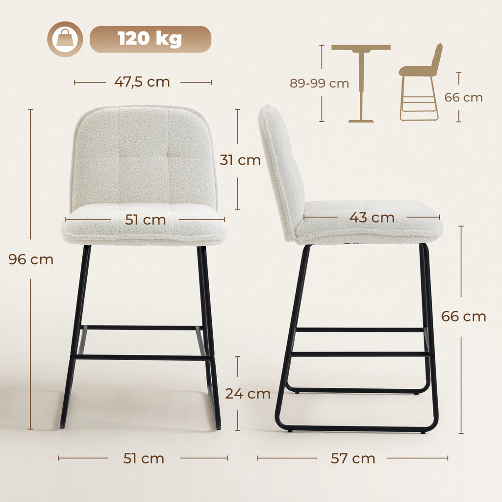 Lot de 2 Tabourets de Bar, Chaises de Bar Rembourrées en Tissu Bouclette, Extra-Large Assise 66H cm, Crème-2