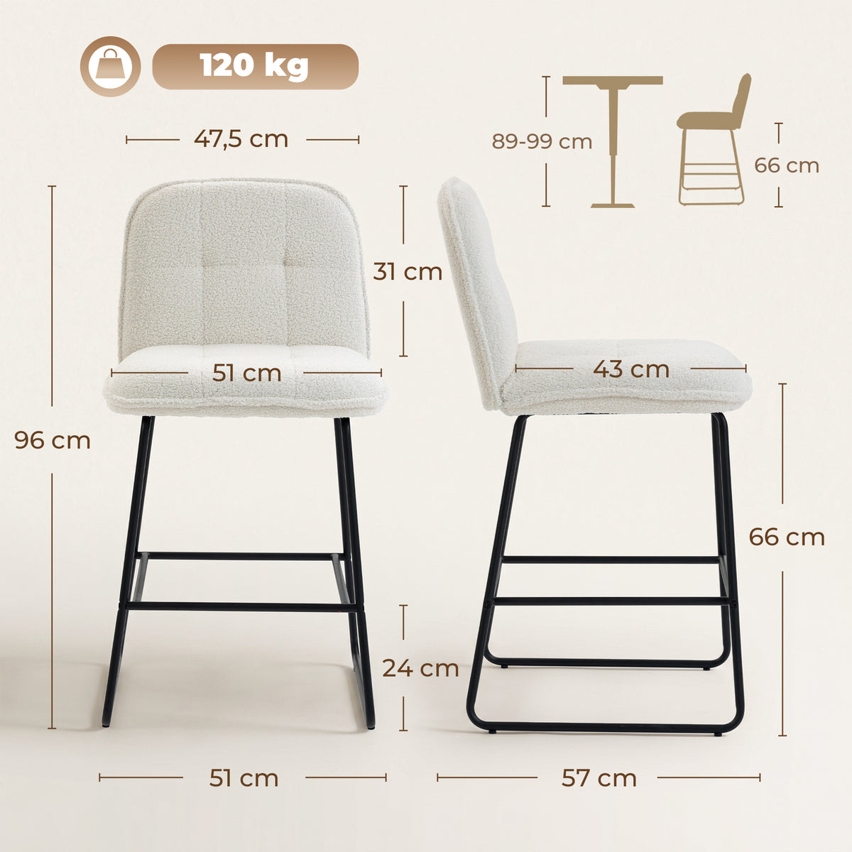 Lot de 2 Tabourets de Bar, Chaises de Bar Rembourrées en Tissu Bouclette, Extra-Large Assise 66H cm, Crème-2