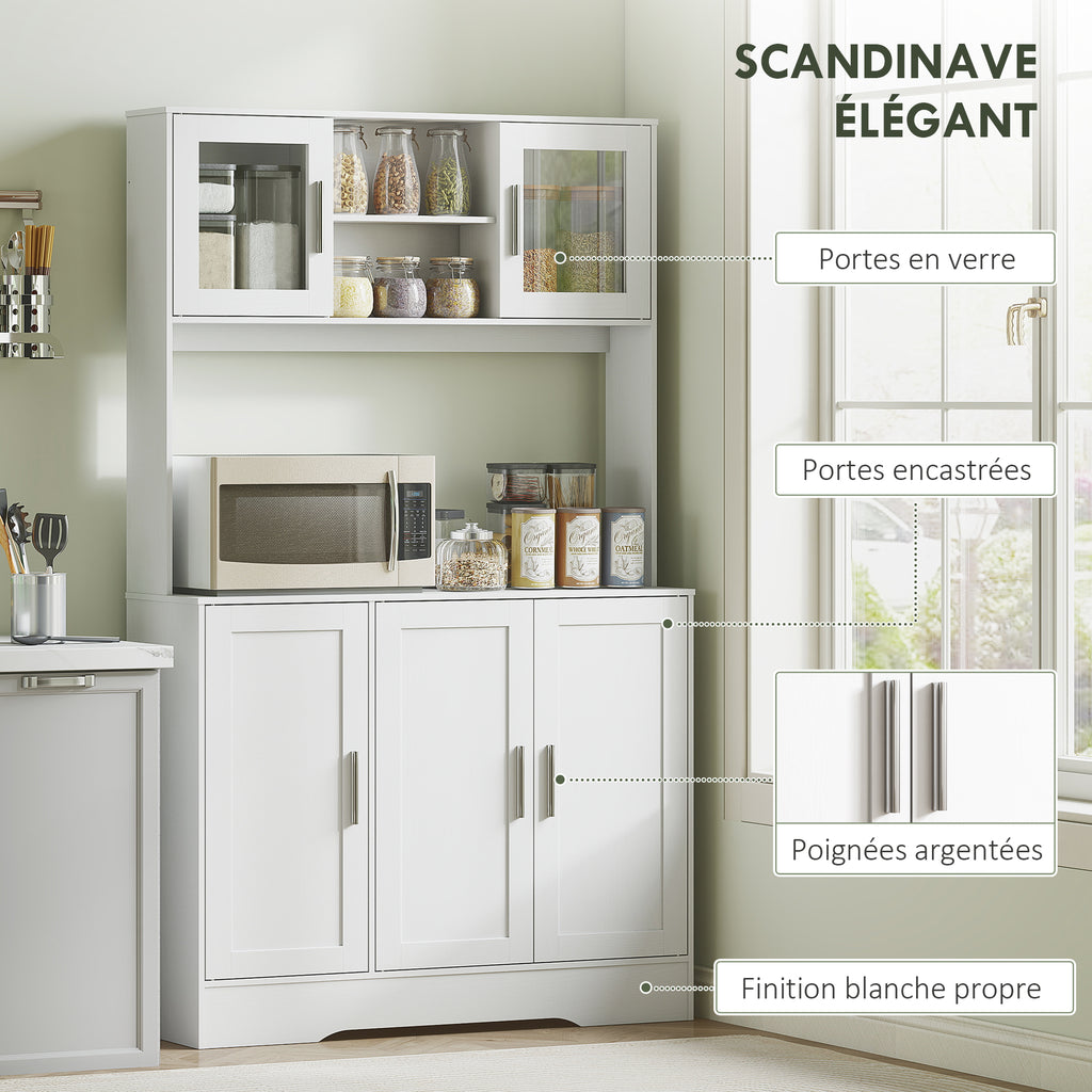Armoire de cuisine scandinave avec placards, compartiments ouverts, portes vitrées et plan de travail, blanc-5