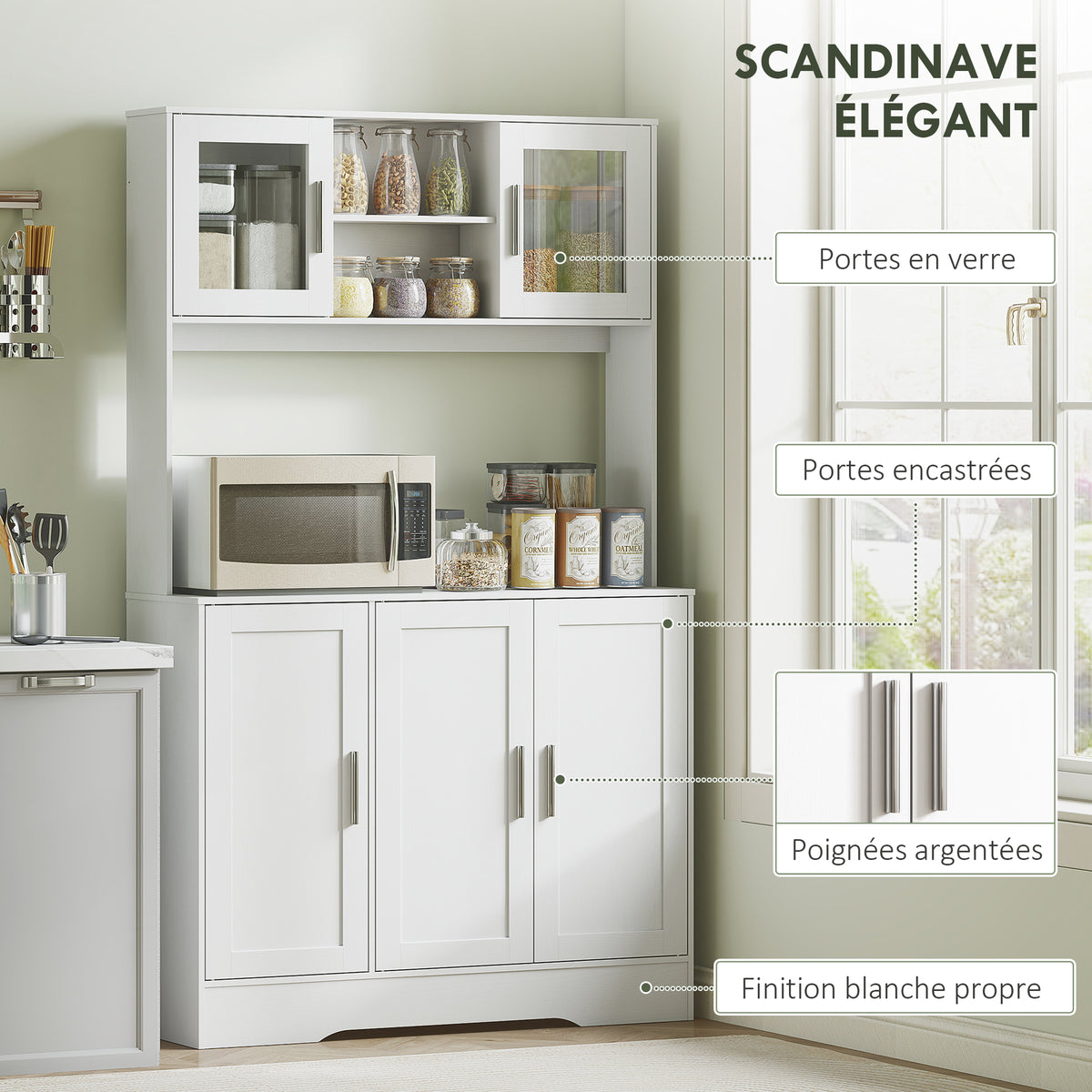 Armoire de cuisine scandinave avec placards, compartiments ouverts, portes vitrées et plan de travail, blanc-5