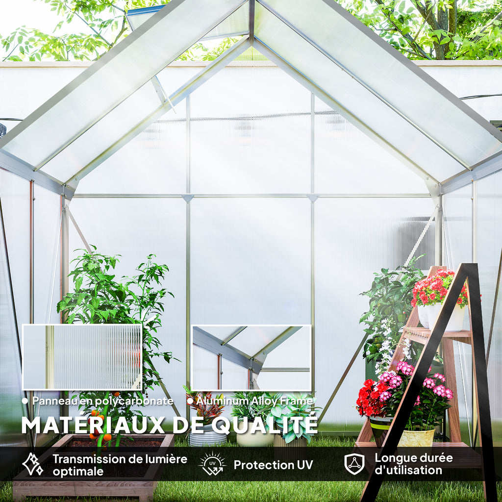 Serre de jardin en aluminium polycarbonate avec fondation, serre avec fenêtre réglable porte coulissante 192,5x131x200cm-3