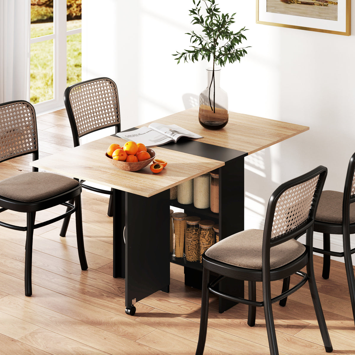 Table pliante de cuisine salle à manger amovible sur roulettes 75 x 140 x 74 cm coloris chêne et noir-1