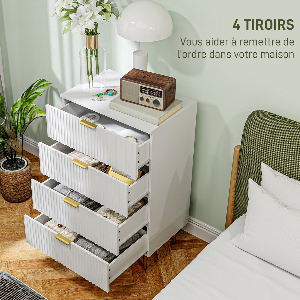 Commode 4 tiroirs commode chambre meuble de rangement moderne avec poignées et pieds dorés, dim. 60 x 40 x 96 cm, blanc-3